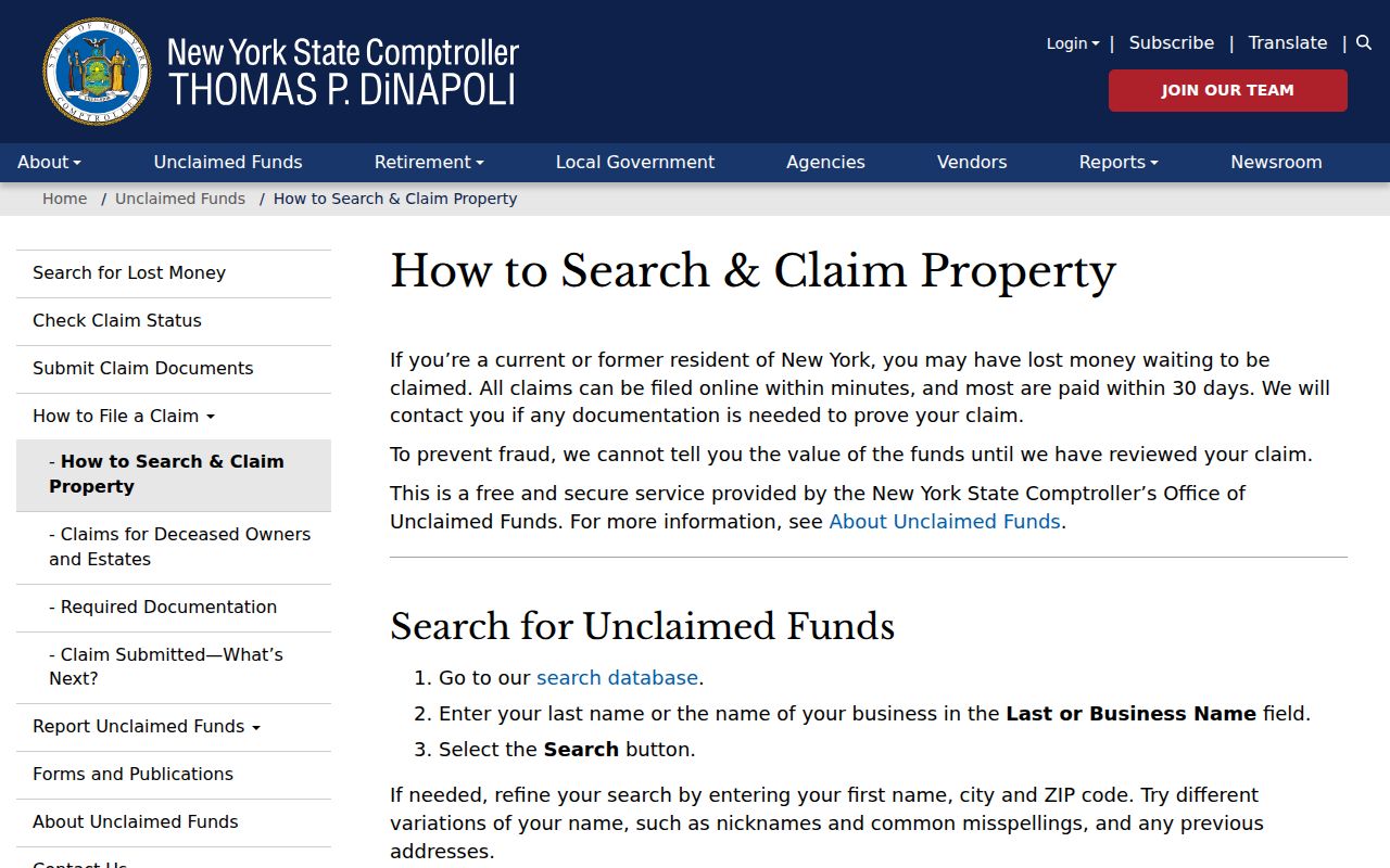 Spring Valley resident lookup with New York unclaimed funds name search